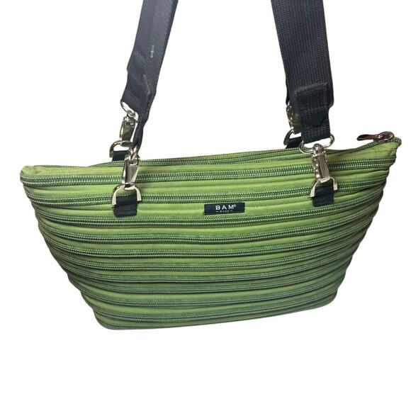 Green BAM bag original zipper purse 15 inch green flat bottom Tote travel modern - Picture 2 of 9